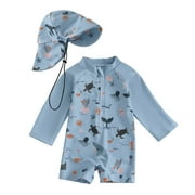 Boys Quick Dry UPF 50+ Long Sleeve Rash Guard \u0026 Sun Hat Swimsuit